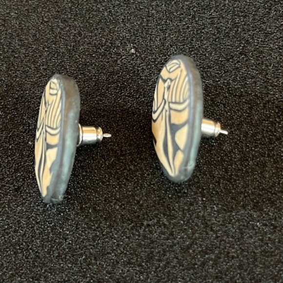 ARTISAN wood inlay pierced earrings Craftmanship-Vintage - Picture 5 of 6